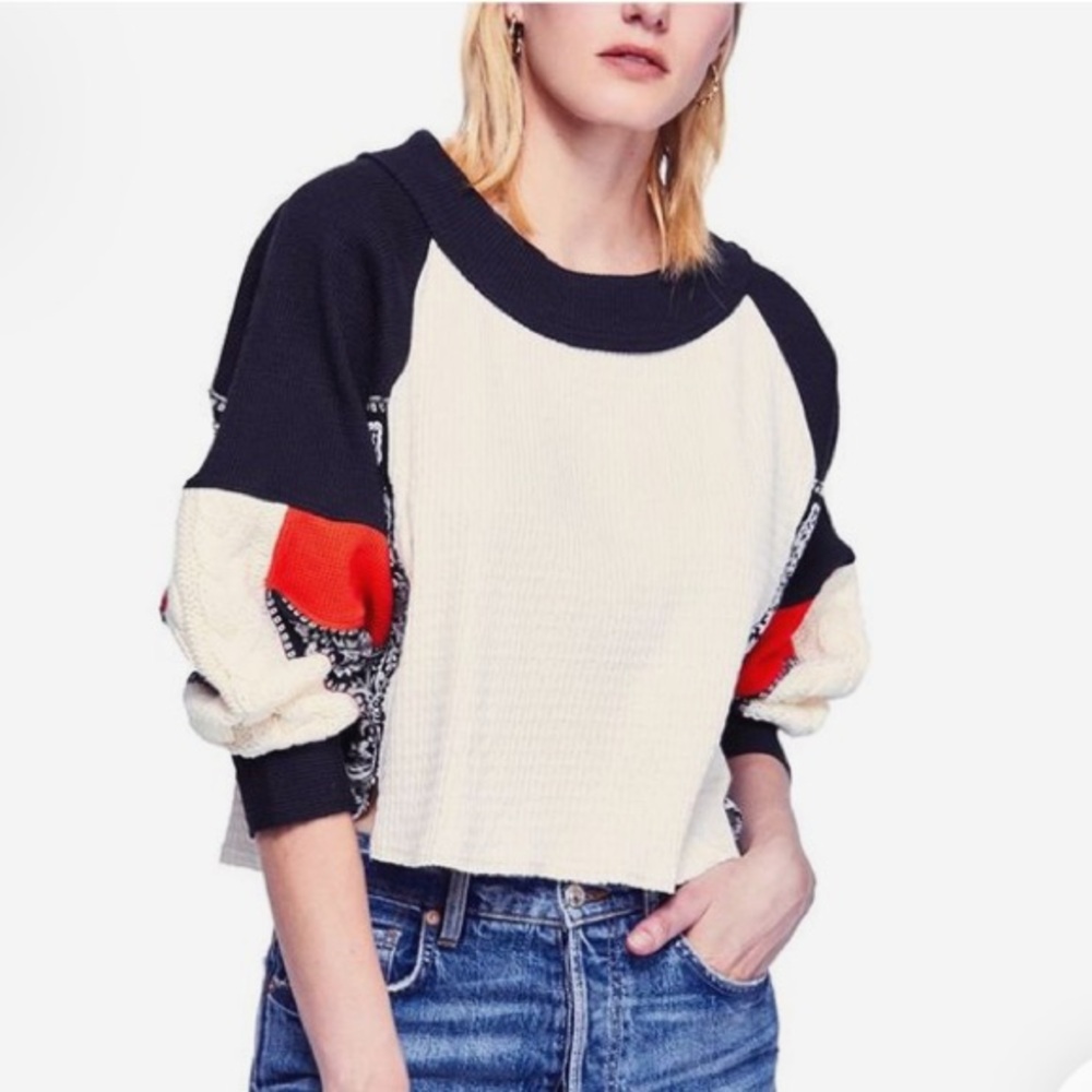 Free People Josie Waffle Knit Color Block Top, Size Large